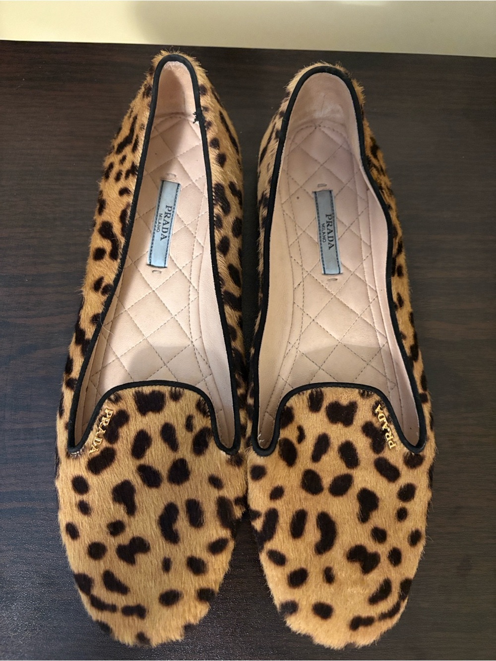 Prada calf-skin loafers in a bold leopard print- Tan and Black 8.5 ~ Authentic